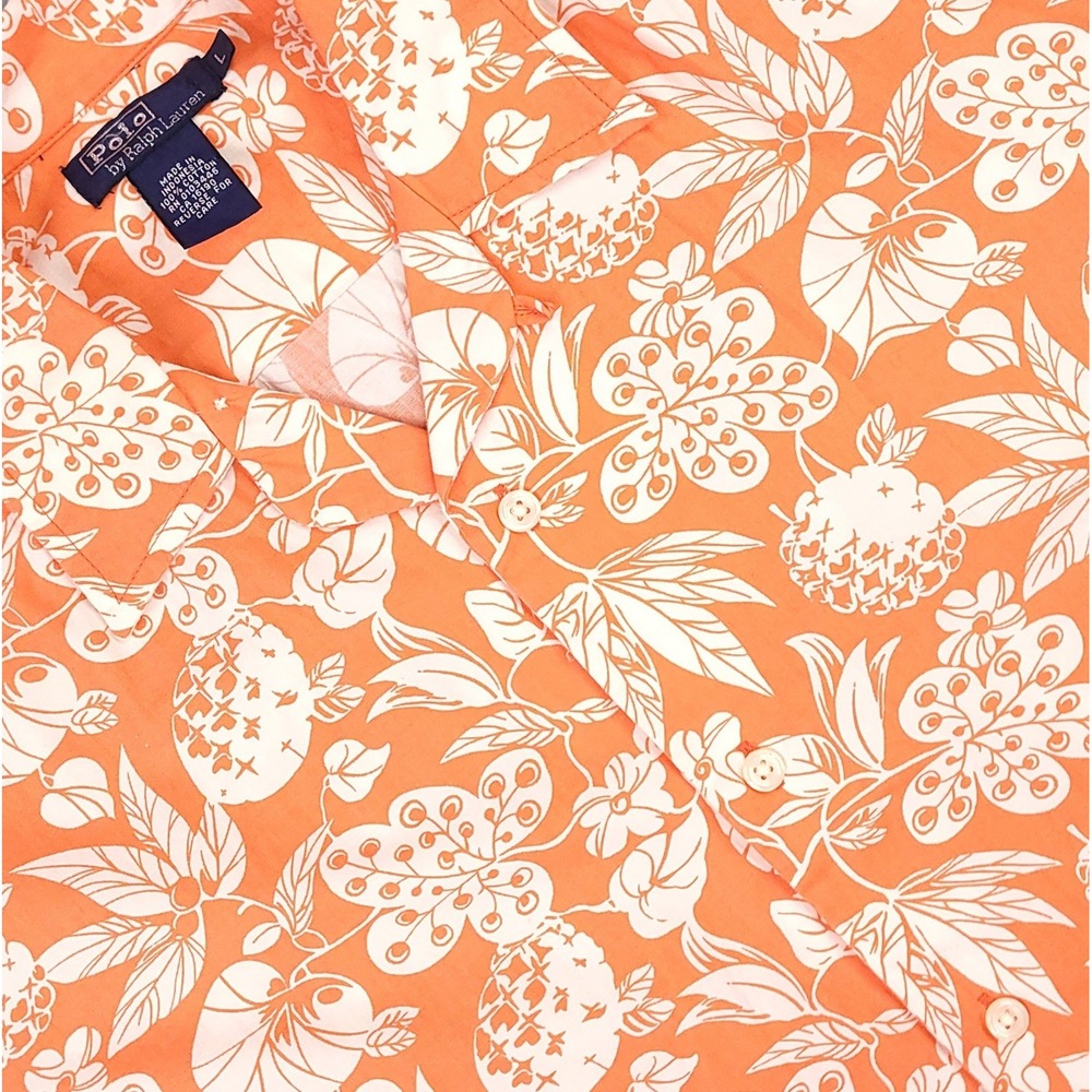 Polo Ralph Lauren Hawaiian Shirt Mens Large Orange White Flora Loop Collar